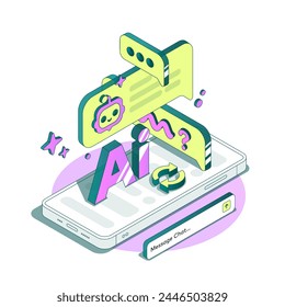 Isometric Chat with Ai. Chatting Artificial Intelligence. Huge Message Bubbles fly up over the phone. Robot Conversation Assistant Concept vector illustration