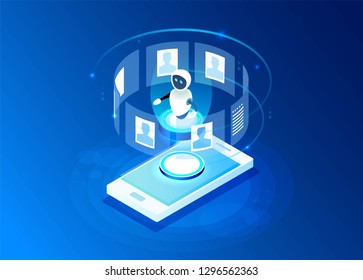 Isometric chat bot helper for people. Chatbot application for man and women. Artificial intelligence and future marketing. AI , IOT. Help service. Technology and engineering