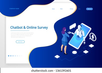 Isometric Chat bot and online survey. Online exam, questionnaire form, online education or internet quiz. Artificial intelligence. AI and business IOT concept.