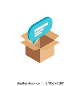 Isometric Chat Icon, 3d Speech Bubble Symbol In Open Cardboard Box Isolated. Text Message Multimedia Archive Concept. Vector Illustration Design, Infographic, Social Media, Web, App, Advert