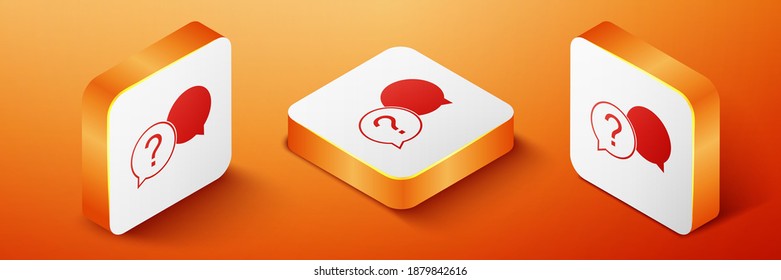 Isometric Chat question icon isolated on orange background. Help speech bubble symbol. FAQ sign. Question mark sign. Orange square button. Vector.