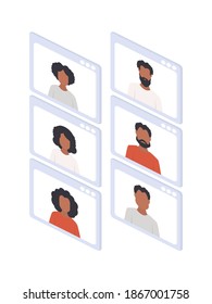Ventana de chat isométrica. Afroamericanos en una conferencia en línea. Ventana Aplicación. Aislado sobre fondo blanco. Ilustración vectorial.