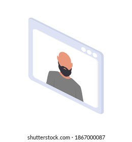 Isometric chat window. Young man. Avatar character male face portrait cartoon person vector illustration.