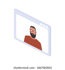 Isometric chat window. Young man. Avatar character male face portrait cartoon person vector illustration.