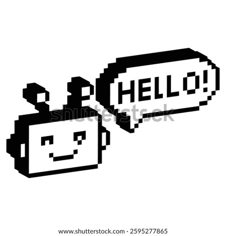 isometric   chatbot icon with chat bubble hello 8 bit, pixel art bot icon  for game  logo. 