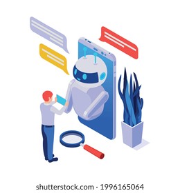 Isometric chatbot messenger application with smartphone and human character 3d vector illustration