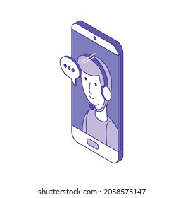 Isometric chatbot technical support composition with human character of support worker in smartphone vector illustration