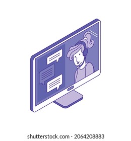 Isometric chatbot technical support composition with desktop computer and employee character vector illustration
