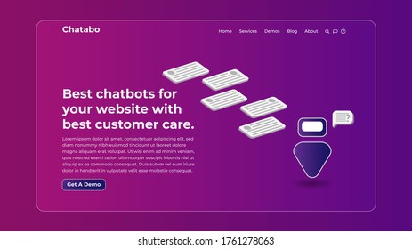 Isometric chatbot website landingpage concept. Online bot chatting website ui design. Virtual Assistant, ML,  Artificial intelligence conversation future technology vector landing page. 