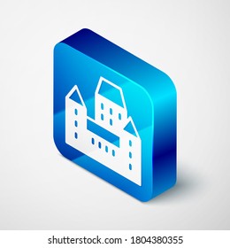 Isometric Chateau Frontenac hotel in Quebec City, Canada icon isolated on grey background. Blue square button. Vector.