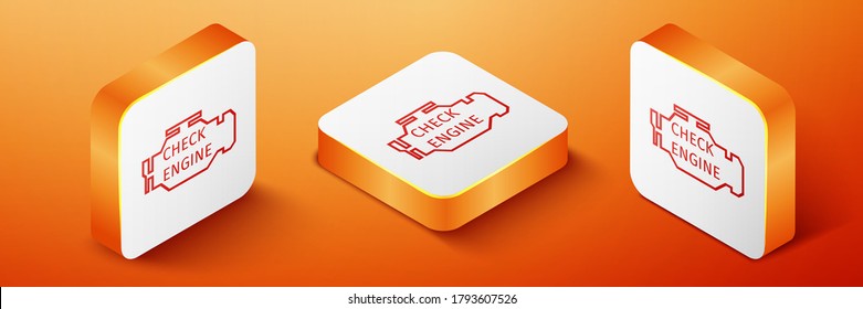 Isometric Check engine icon isolated on orange background. Orange square button. Vector.