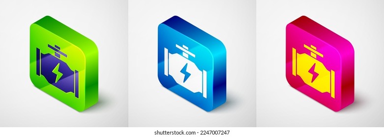 Isometrisches Symbol der Prüfmaschine einzeln auf grauem Hintergrund. Knopf Quadrat. Vektorgrafik