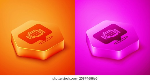 Isometric Check engine icon isolated on orange and pink background. Hexagon button. Vector