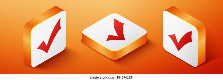 Isometric Check icono de marca aislado en el fondo naranja. Símbolo de marca. Botón cuadrado naranja. Vector.