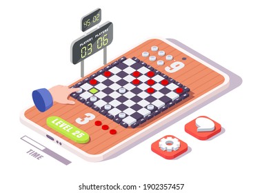 Isometric checkerboard, hand playing checkers on smartphone screen, flat vector illustration. Mobile gaming. Checkers board game on mobile phone.