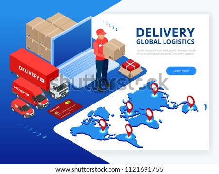 Isometric Checking delivery and ligistics service app on computer. Delivery truck with cardboard box and delivery man. Infographics. Vector web banner illustration