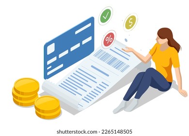 Verificando de forma isométrica un recibo de comestibles, compra de comestibles y concepto de gastos. Servicio para la aplicación de entrega. Mercado de alimentos en smartphone.