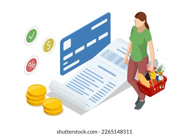 Verificando de forma isométrica un recibo de comestibles, compra de comestibles y concepto de gastos. Servicio para la aplicación de entrega. Mercado de alimentos en smartphone.