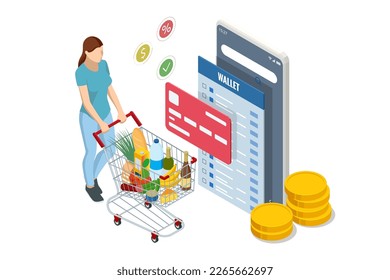 Isometric checking a grocery receipt, grocery shopping and expenses concept. Grocery supermarket, food and eats online buying