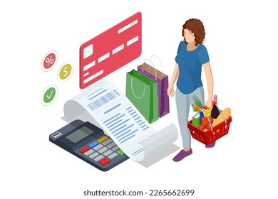 Isometric checking a grocery receipt, grocery shopping and expenses concept. Grocery supermarket, food and eats online buying