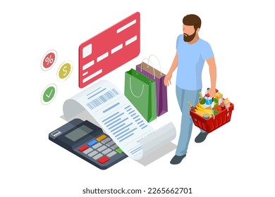 Verificando de forma isométrica un recibo de comestibles, compra de comestibles y concepto de gastos. Supermercado de comestibles, comida y comida compra online