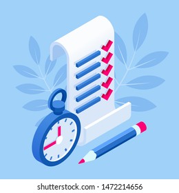 Isometric checklist and to do list. Clipboard with a checklist. Project management, planning and keeping score of the completed tasks concept.