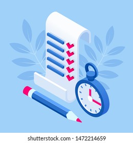 Isometric checklist and to do list. Clipboard with a checklist. Project management, planning and keeping score of the completed tasks concept.