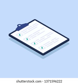 Isometric checklist vector illustration. Pad with sheets of paper and a list of tasks with checkboxes that are checked with a green check mark.