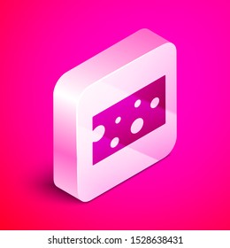 Isometric Cheese icon isolated on pink background. Silver square button. Vector Illustration