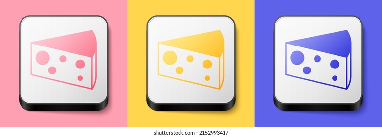 Icono de queso isométrico aislado en fondo rosa, amarillo y azul. Botón cuadrado. Vector