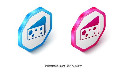 Isometric Cheese icon isolated on white background. Hexagon button. Vector