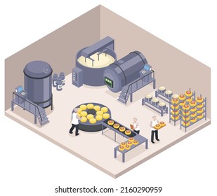 Isometric cheese production composition with indoor view of factory department with industrial mixers and conveyor lines vector illustration