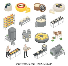 Isometric cheese production set of isolated icons with ready product packages and industrial facilities with workers vector illustration