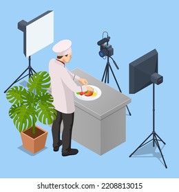 Video de grabación de cocina de chef isométrico a cámara en cocina. Bloguero jefe en uniforme blanco, blogger de comida o concepto de videoblog de cocina. Cursos de Chef de Cocina en Línea.