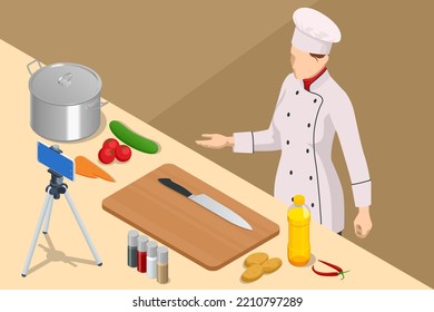 Video de grabación de cocina de chef isométrico a cámara en cocina. Jefe de Uniforme Blanco, Bloguero de Comida o Video Blog de Cocina. Cursos de Chef de Cocina en Línea.