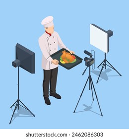 Isometric Chef Cook Recording Video On Camera at Kitchen. Chief In White Uniform Blogger, Food Blogger or Cooking Video Blog. Online Cooking Chef Courses. Fried Chicken or Turkey