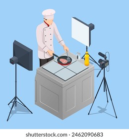 Isometric Chef Cook Recording Video On Camera at Kitchen. Chief In White Uniform Blogger, Food Blogger or Cooking Video Blog Concept. Online Cooking Chef Courses