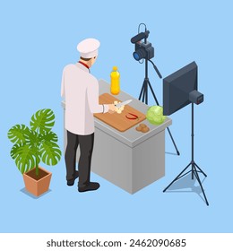 Isometric Chef Cook Recording Video On Camera at Kitchen. Chief In White Uniform Blogger, Food Blogger or Cooking Video Blog Concept. Online Cooking Chef Courses