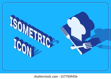 Isometric Chef hat and crossed fork icon isolated on blue background. Cooking symbol. Restaurant menu. Cooks hat.  Vector Illustration