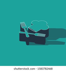 Isometric Chef hat and crossed fork icon isolated on green background. Cooking symbol. Restaurant menu. Cooks hat.  Vector Illustration