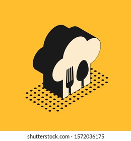 Isometric Chef hat with fork and spoon icon isolated on yellow background. Cooking symbol. Restaurant menu. Cooks hat.  Vector Illustration