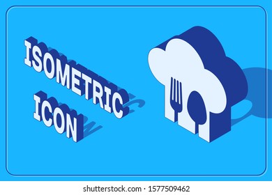 Isometric Chef hat with fork and spoon icon isolated on blue background. Cooking symbol. Restaurant menu. Cooks hat.  Vector Illustration