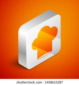 Isometric Chef hat icon isolated on orange background. Cooking symbol. Cooks hat. Silver square button. Vector Illustration