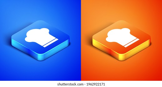 Isometric Chef hat icon isolated on blue and orange background. Cooking symbol. Cooks hat. Square button. Vector