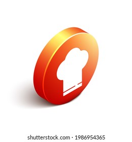 Isometric Chef hat icono aislado en fondo blanco. Símbolo de cocina. Cocina sombrero. Botón de círculo naranja. Vector