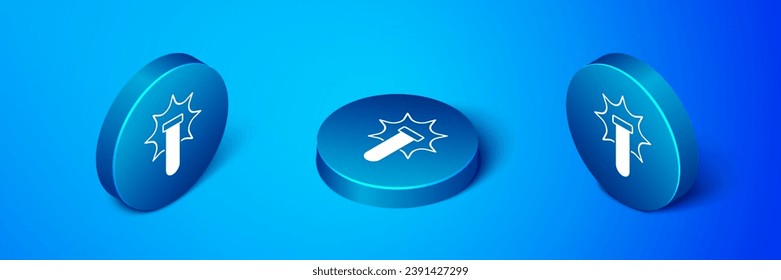 Isometric Chemical experiment, explosion in the flask icon isolated on blue background. Chemical explosion in a test tube. Blue circle button. Vector