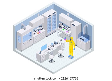 Isometric chemical laboratory concept. Laboratory assistants work in scientific medical chemical or biological lab setting experiments.