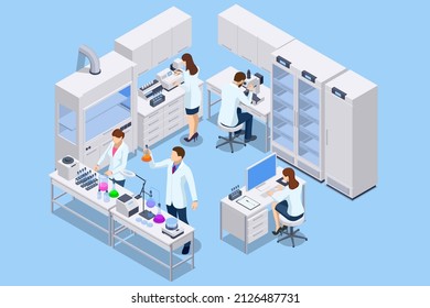 Isometric chemical laboratory concept. Laboratory assistants work in scientific medical chemical or biological lab setting experiments. svg