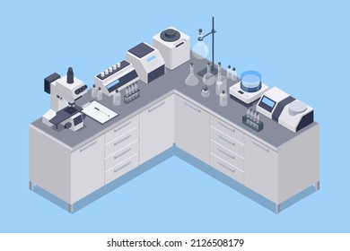 Isometric Chemical Laboratory Concept. Laboratory Assistants Work In Scientific Medical Chemical Or Biological Lab Setting Experiments.