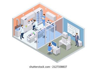 Isometric chemical laboratory concept. Laboratory assistants work in scientific medical chemical or biological lab setting experiments. Laboratory diagnostic